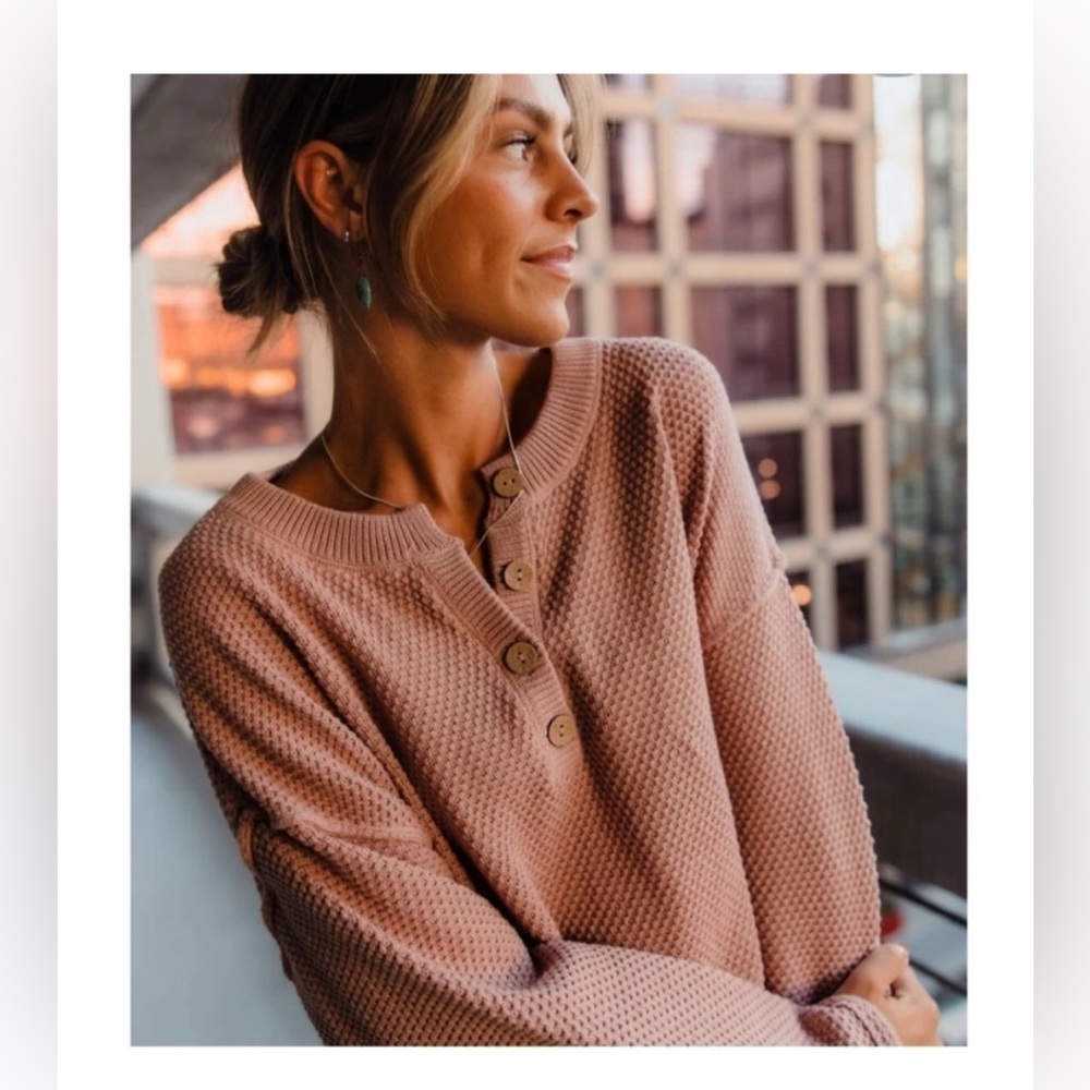 Free People Dusty Mauve Waffle Henley Sweater - Picture 2 of 6